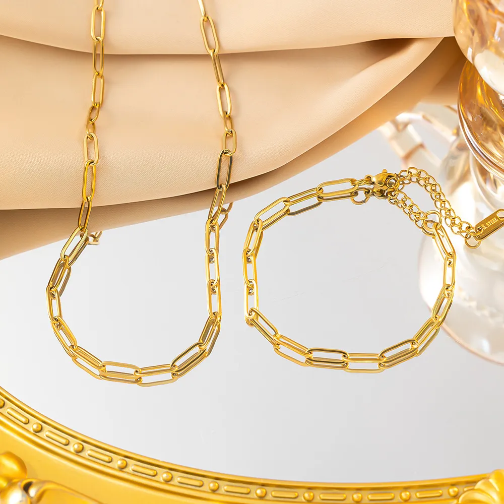 Women Fashion Simple Geometric Titanium Steel Bracelet Necklace Set