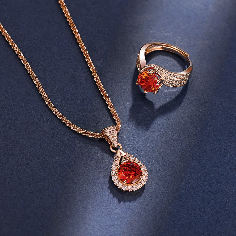 Women Fashion Elegant Garnet Red Zircon Ring Necklace Set Copper Cross Chain Geometric