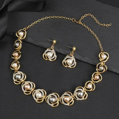 Women Fashion Elegant Alloy Plating Pearl Zircon Earrings Necklace Set