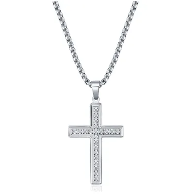 Fashion Simple Zircon Cross Titanium Steel Pendant Necklace with Box Chain