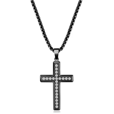 Fashion Simple Zircon Cross Titanium Steel Pendant Necklace with Box Chain