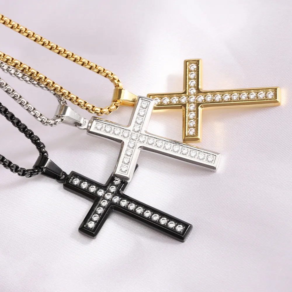 Fashion Simple Zircon Cross Titanium Steel Pendant Necklace with Box Chain