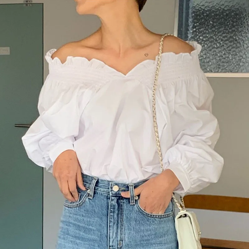Women Casual Off Shoulder Lantern Sleeve Blouse Solid Color Commuter Wind