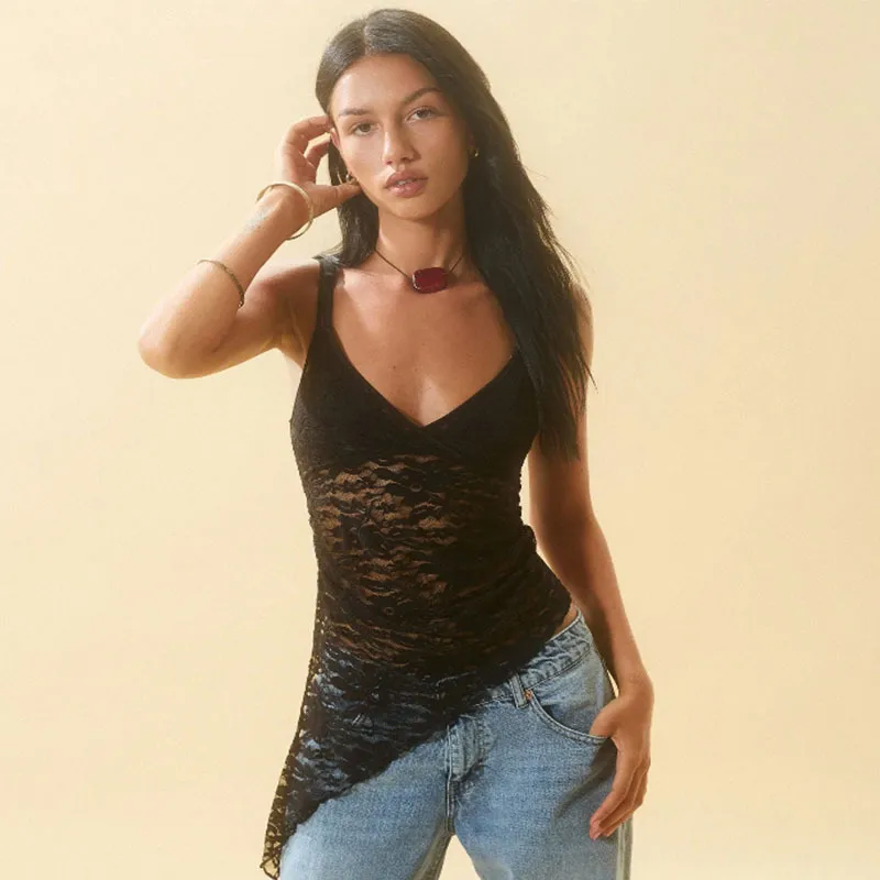 Women Sexy Lace Perspective V-Neck Camisole Tank Top