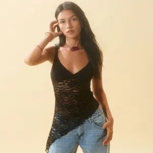 Women Sexy Lace Perspective V-Neck Camisole Tank Top