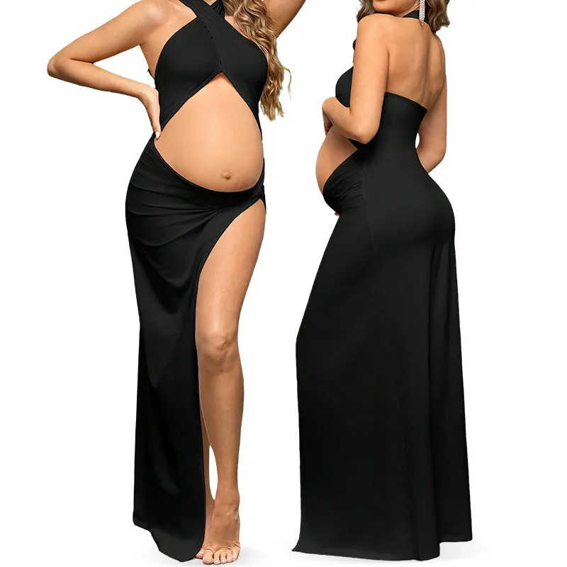 Slim-Fit Maternity Hollow Out Dress - Crossed Collar Sleeveless Long Dress in Solid Color