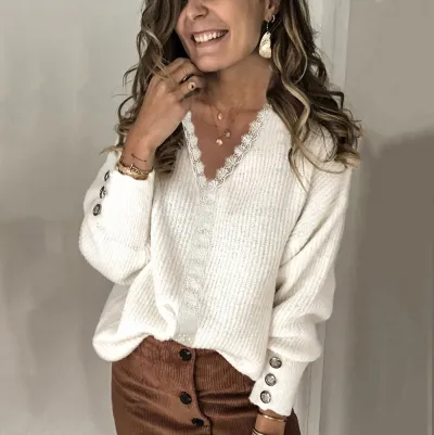 Autumn And Winter Lace V-Neck Women Loose Long Sleeve Solid Color Knitwear