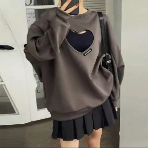 Women Autumn Winter Bat Sleeve Hollow Heart Cotton Sweatshirt