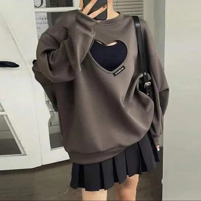 Women Autumn Winter Bat Sleeve Hollow Heart Cotton Sweatshirt