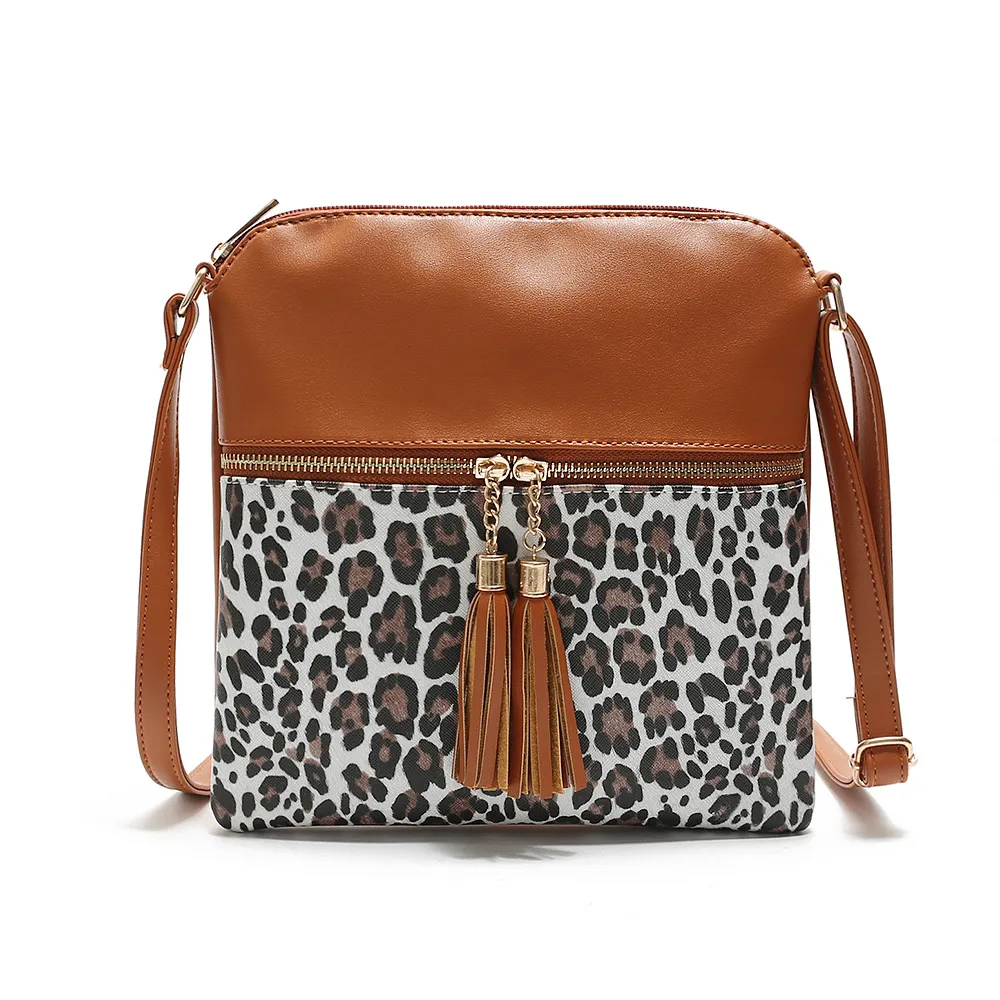 Women Contrast Color Leopard Tassel PU Crossbody Bag