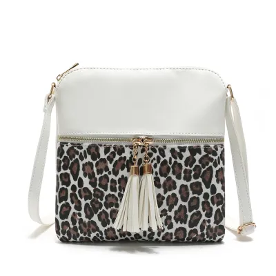 Women Contrast Color Leopard Tassel PU Crossbody Bag
