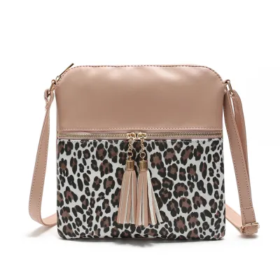 Women Contrast Color Leopard Tassel PU Crossbody Bag