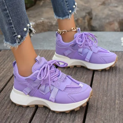 Women Fashion Color Block Thick Sole Breathable Lace-Up Sneakers