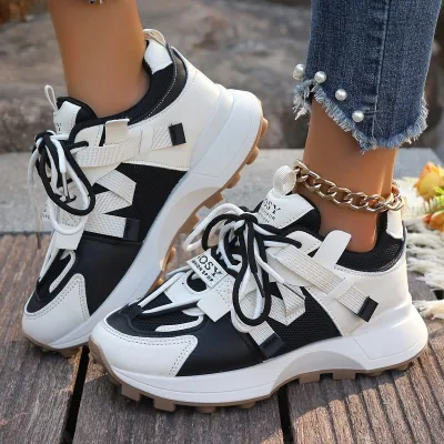 Women Fashion Color Block Thick Sole Breathable Lace-Up Sneakers