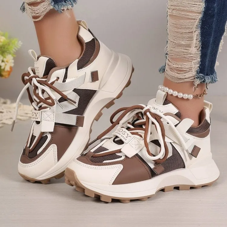 Women Fashion Color Block Thick Sole Breathable Lace-Up Sneakers