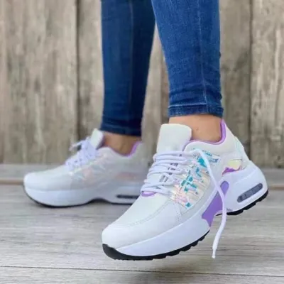 Women Fashion Casual Round-Toe Lace-Up Mesh Breathable Wedge Sneakers