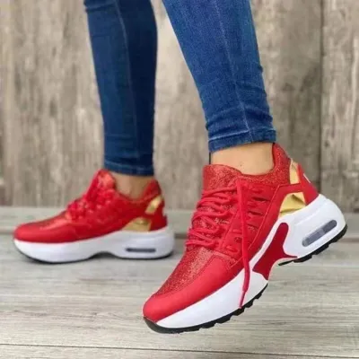 Women Fashion Casual Round-Toe Lace-Up Mesh Breathable Wedge Sneakers