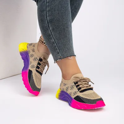 Women Fashion Casual Contrast Color Mesh Breathable Platform Wedge Sneakers Lace-Up