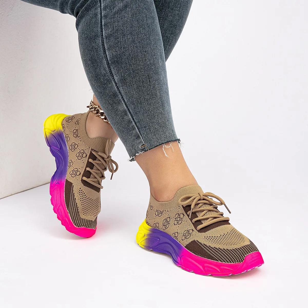 Women Fashion Casual Contrast Color Mesh Breathable Platform Wedge Sneakers Lace-Up