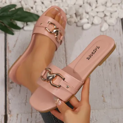 Women Fashion Casual Solid Metal Decorative Square-Toe Flat Slippers Plus Size
