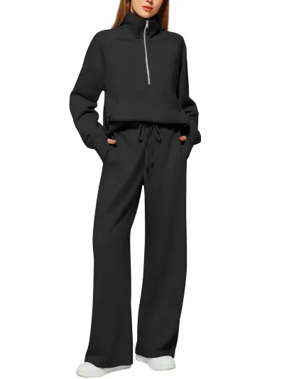 Women's Oversized Half-Zip Sweatshirt and Wide-Leg Sports Pants Casual Set
