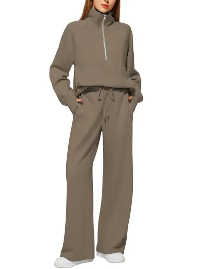 Women's Oversized Half-Zip Sweatshirt and Wide-Leg Sports Pants Casual Set