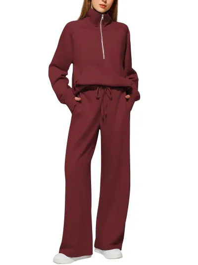 Women's Oversized Half-Zip Sweatshirt and Wide-Leg Sports Pants Casual Set