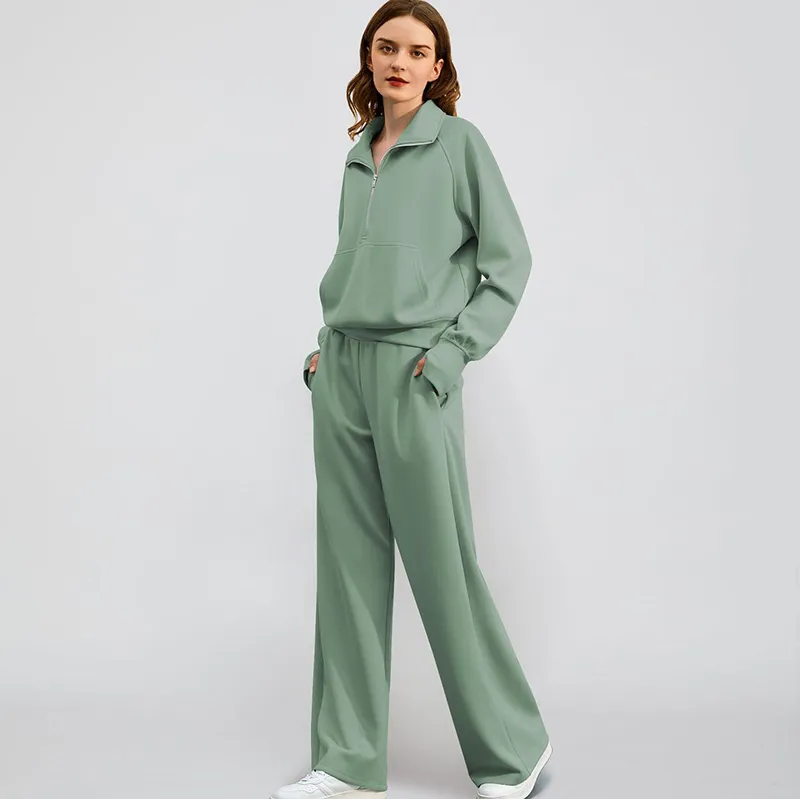 Women's Oversized Half-Zip Sweatshirt and Wide-Leg Sports Pants Casual Set