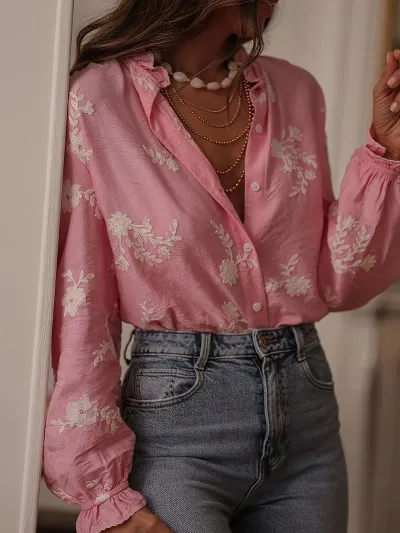 Autumn Winter Women Long Sleeve Lapel Lantern Sleeve Floral Embroidery Blouse