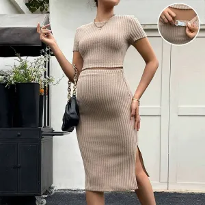 Maternity Adjustable Waist Slim-Fit Mid-Length Short-Sleeved Top Skirt Set