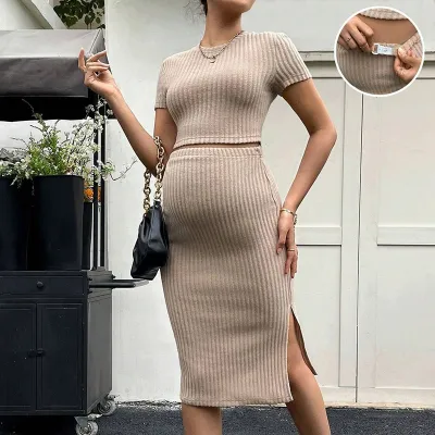 Maternity Adjustable Waist Slim-Fit Mid-Length Short-Sleeved Top Skirt Set