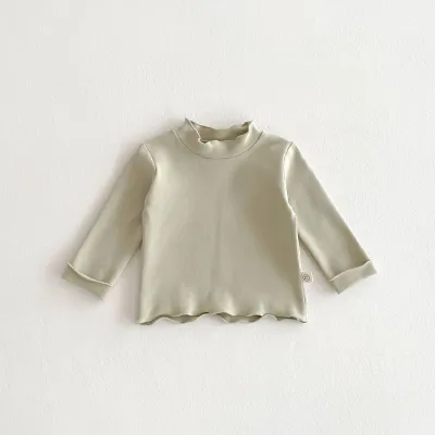 Baby Girl Solid Color Edge Curl Long-Sleeve Cotton T-Shirt Pullover for Toddlers (0-3T)