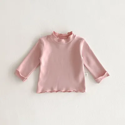 Baby Girl Solid Color Edge Curl Long-Sleeve Cotton T-Shirt Pullover for Toddlers (0-3T)
