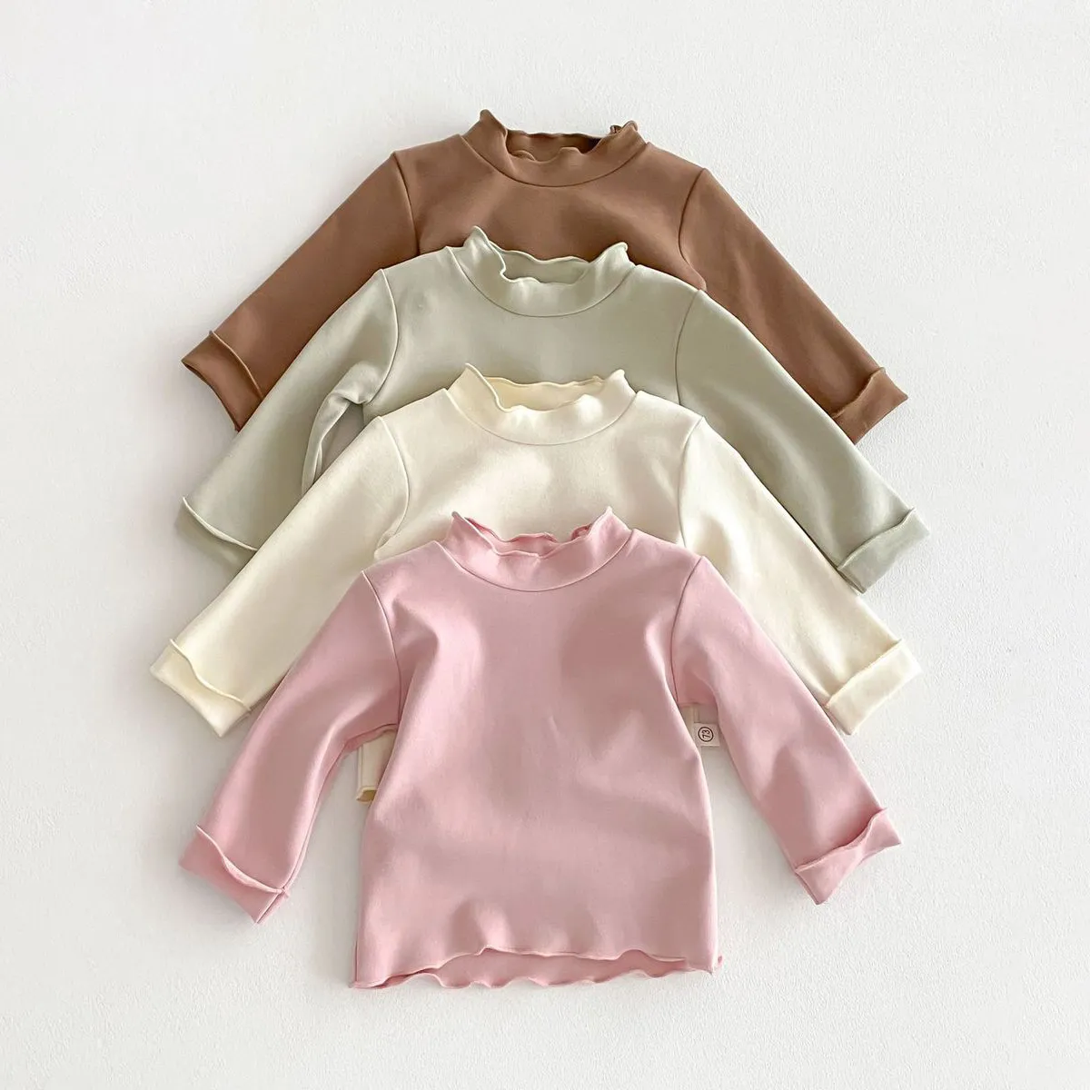 Baby Girl Solid Color Edge Curl Long-Sleeve Cotton T-Shirt Pullover for Toddlers (0-3T)
