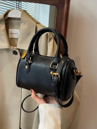 Women Round Boston Design Retro Handbag PU Leather Urban Simplicity