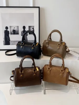 Women Round Boston Design Retro Handbag PU Leather Urban Simplicity
