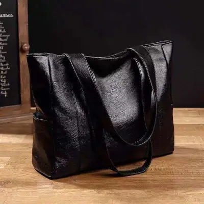 Women Large Capacity PU Soft Tote Bag Double Shoulder Straps Zipper Closure Horizontal Square