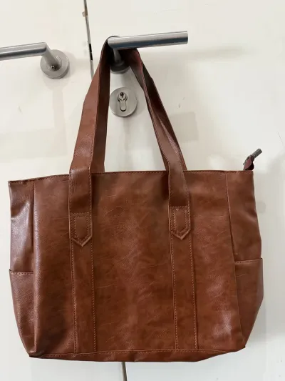 Women Large Capacity PU Soft Tote Bag Double Shoulder Straps Zipper Closure Horizontal Square