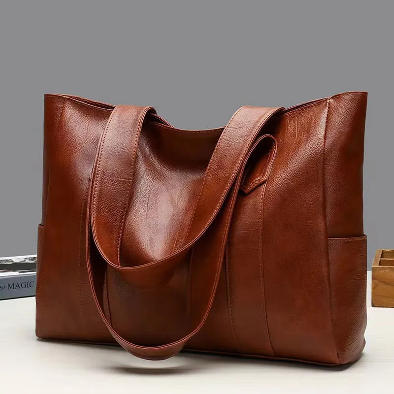 Women Large Capacity PU Soft Tote Bag Double Shoulder Straps Zipper Closure Horizontal Square