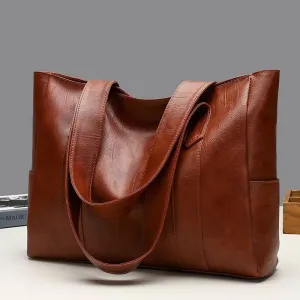 Women Large Capacity PU Soft Tote Bag Double Shoulder Straps Zipper Closure Horizontal Square