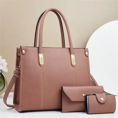 Large Capacity Women PU Tote Bag Three-Piece Set with Zipper Closure