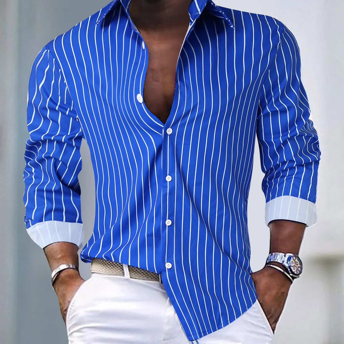 Men's Street Style Striped Lapel Long Sleeve Single Breasted Shirt