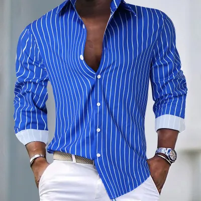 MenS Fashion Casual Stripe Lapel Long Sleeve Single Breasted Shirt
