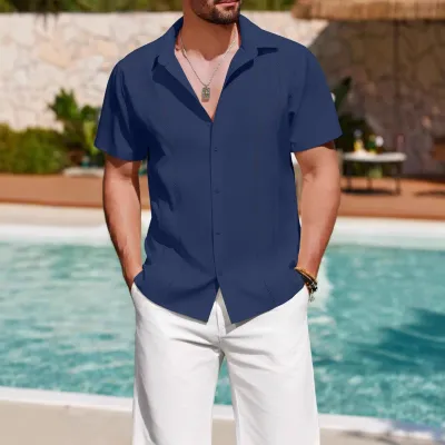 MenS Fashion Casual Solid Color Lapel Short-Sleeve Shirt