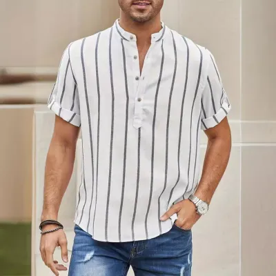 Wholesale Men Casual Basic Solid Color Stripe Plus Size Long Sleeve Lapel Shirt