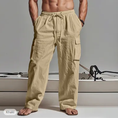Men Fashion Casual Solid Color Drawstring Multi-Pocket Pants