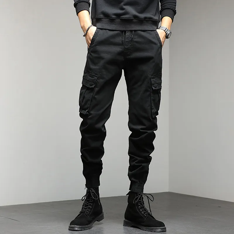 Men Casual Solid Color Multi Pocket Slim Fit Cotton Pants