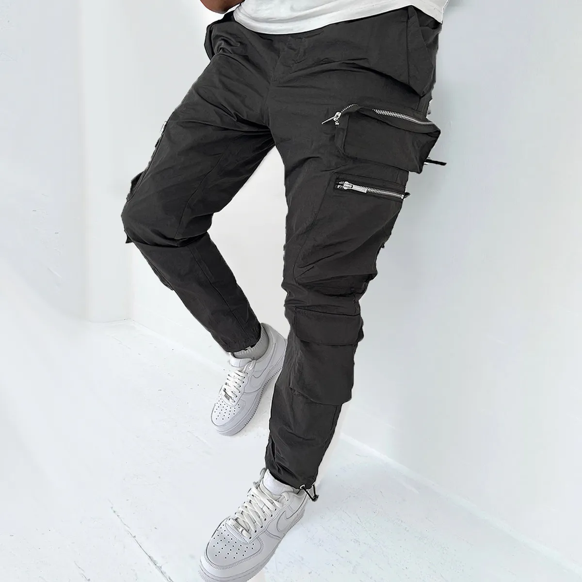 Men Fashion Casual Solid Color Multi-Pocket Wide-Leg Mid-Waist Pants