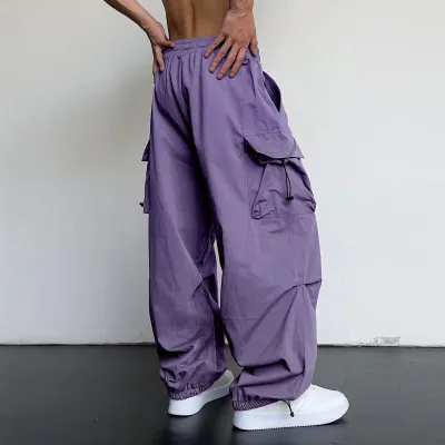 Men Fashion Casual Solid Color Nylon Quick-Drying High Waist Wide Leg Drawstring Pants