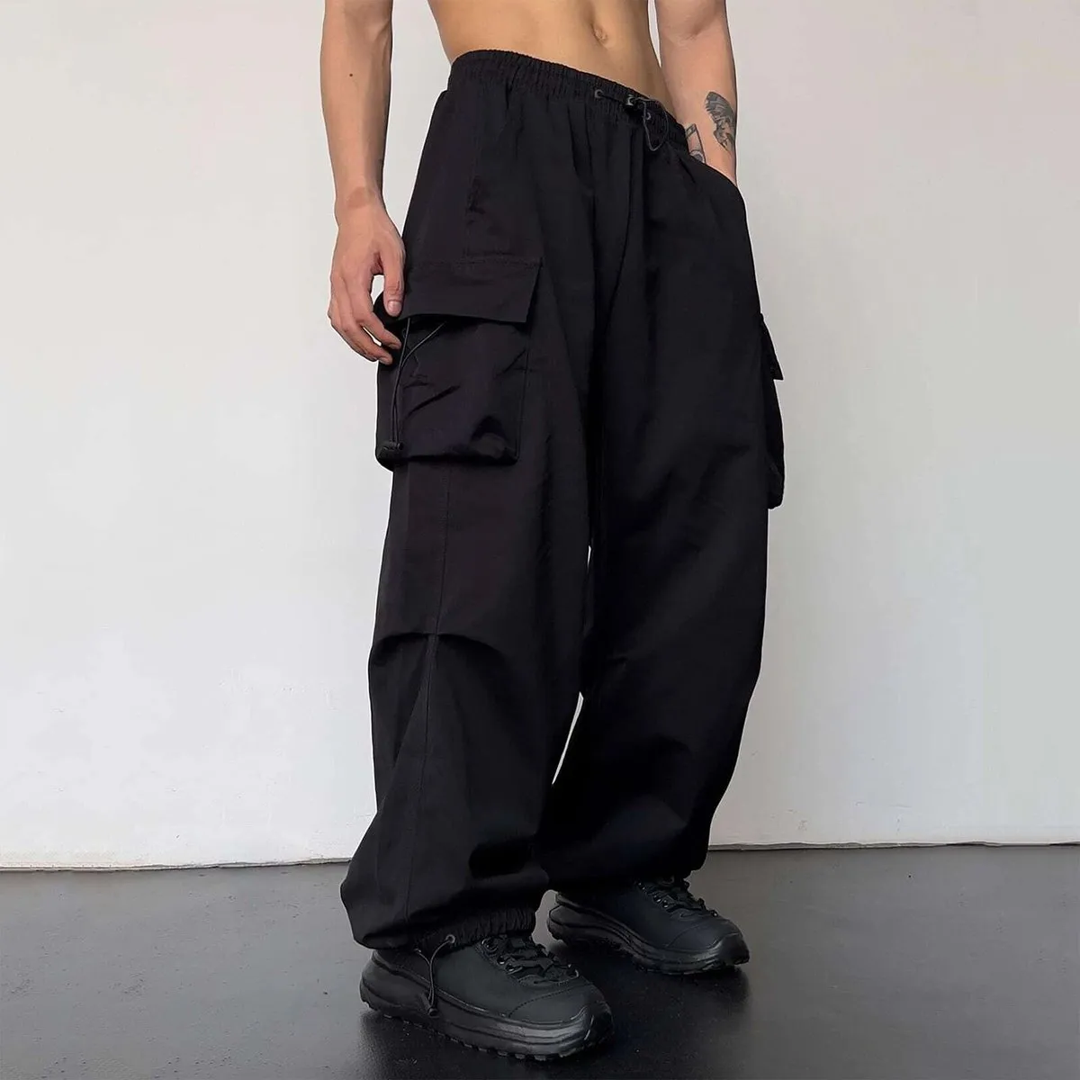 Men Fashion Casual Solid Color Nylon Quick-Drying High Waist Wide Leg Drawstring Pants